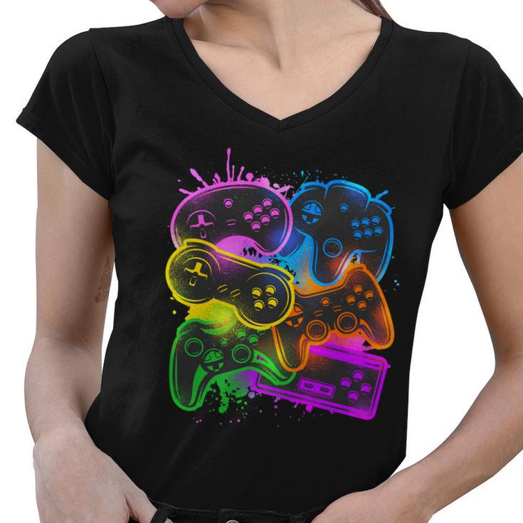 Cool Retro Neon Graffiti Video Game Controllers Women V-Neck T-Shirt