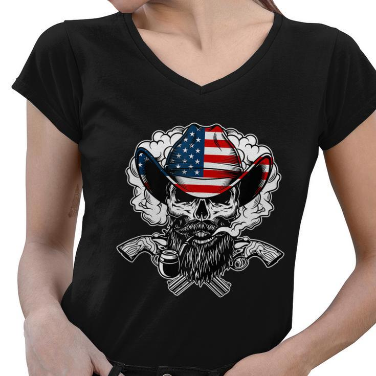 Cool Sugar Skull Cowboy Hat American Flag 4Th Of July Women V-Neck T-Shirt