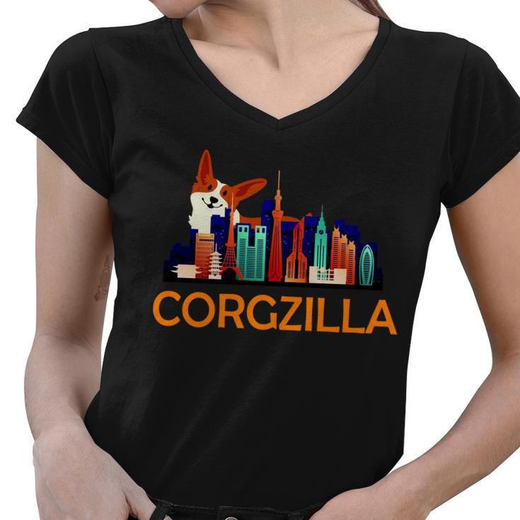 Corgzilla Funny Corgi Dog Women V-Neck T-Shirt