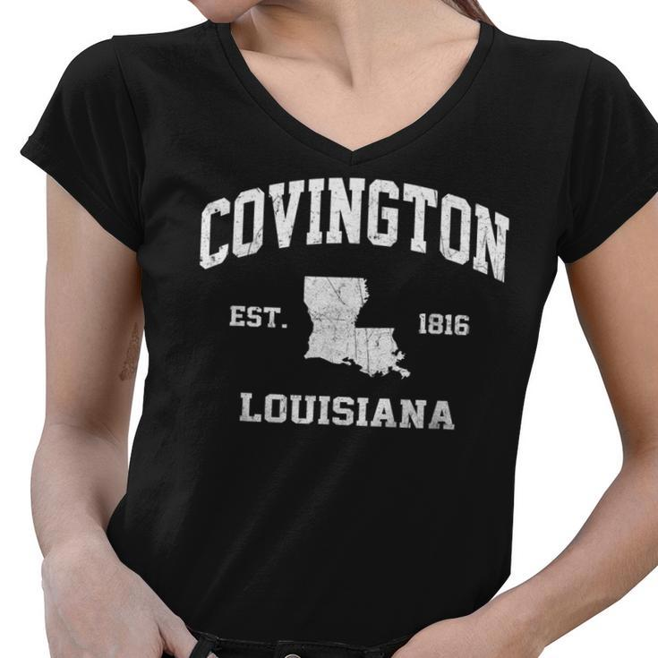 Covington Louisiana La Vintage State Athletic Style  Women V-Neck T-Shirt