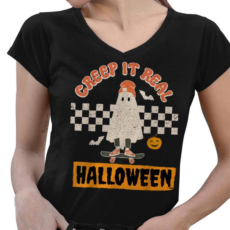 Creep It Real Retro Halloween Funny Ghost Skateboarding  Women V-Neck T-Shirt