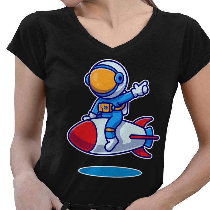Cute Astronaut On Rocket Cartoon Women V-Neck T-Shirt