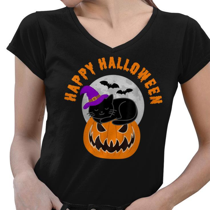 Cute Black Cat Witch Scary Pumpkin Happy Halloween  Women V-Neck T-Shirt