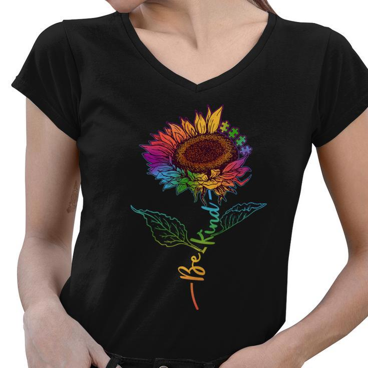 Cute Colorful Be Kind Rainbow Sunflower Puzzle Pieces Women V-Neck T-Shirt