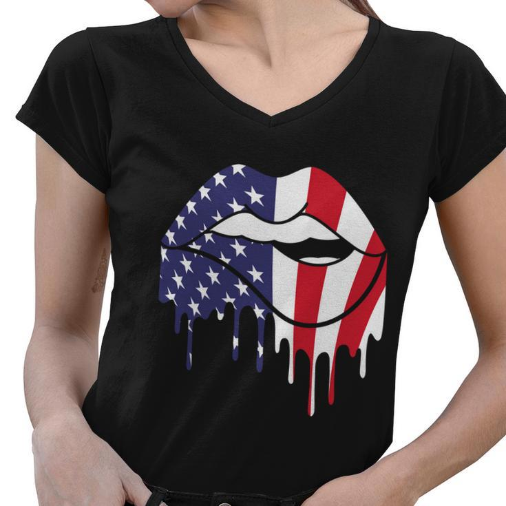 Cute Dripping Lips 4Th Of July Usa Flag Graphic Plus Size Women V-Neck T-Shirt