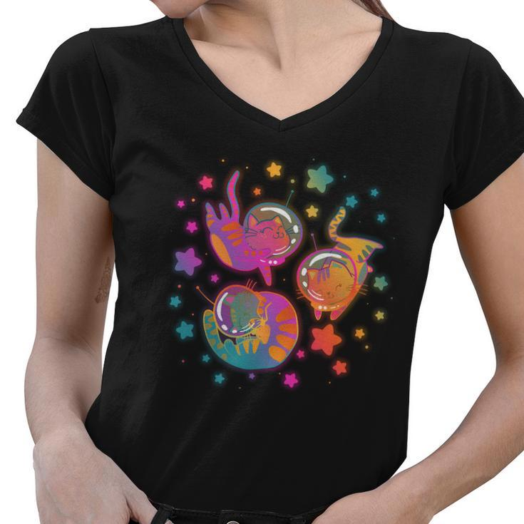 Cute Funny Astronaut Space Kitty Cats Women V-Neck T-Shirt