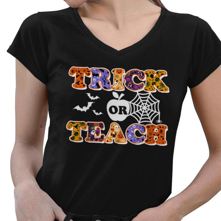 Cute Halloween Trick Or Teach Teacher Women V-Neck T-Shirt