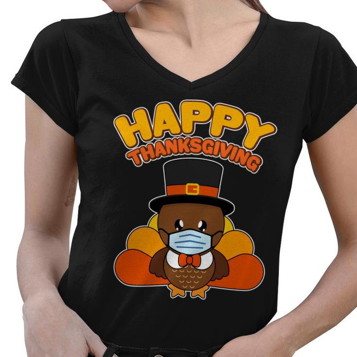 Cute Happy Thanksgiving Quarantine Turkey Mask Tshirt Women V-Neck T-Shirt