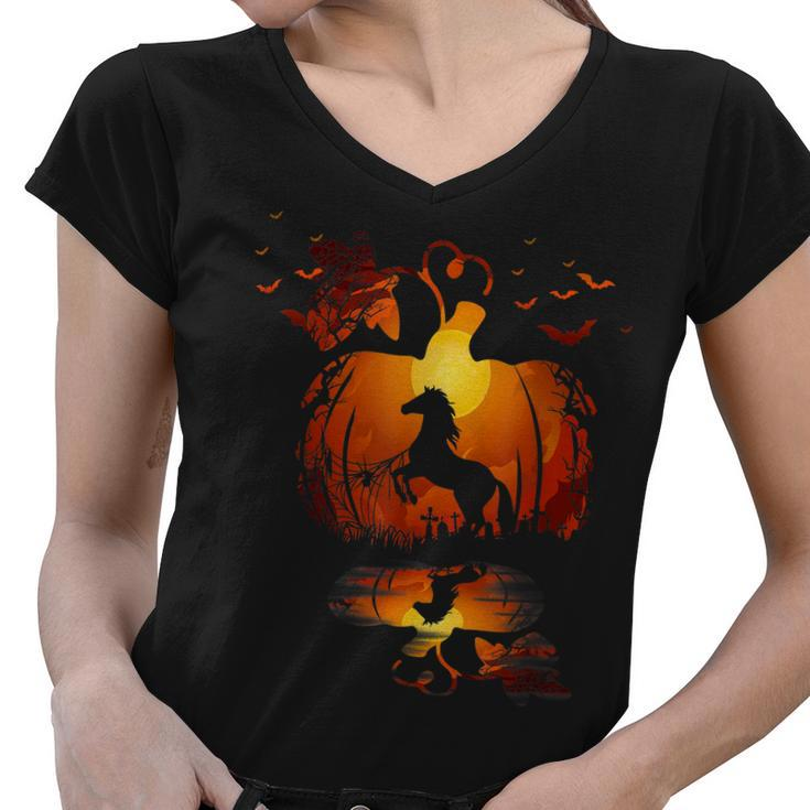 Cute Horse In The Pumpkin Funny Halloween Autumn Happy Fall Women V-Neck T-Shirt