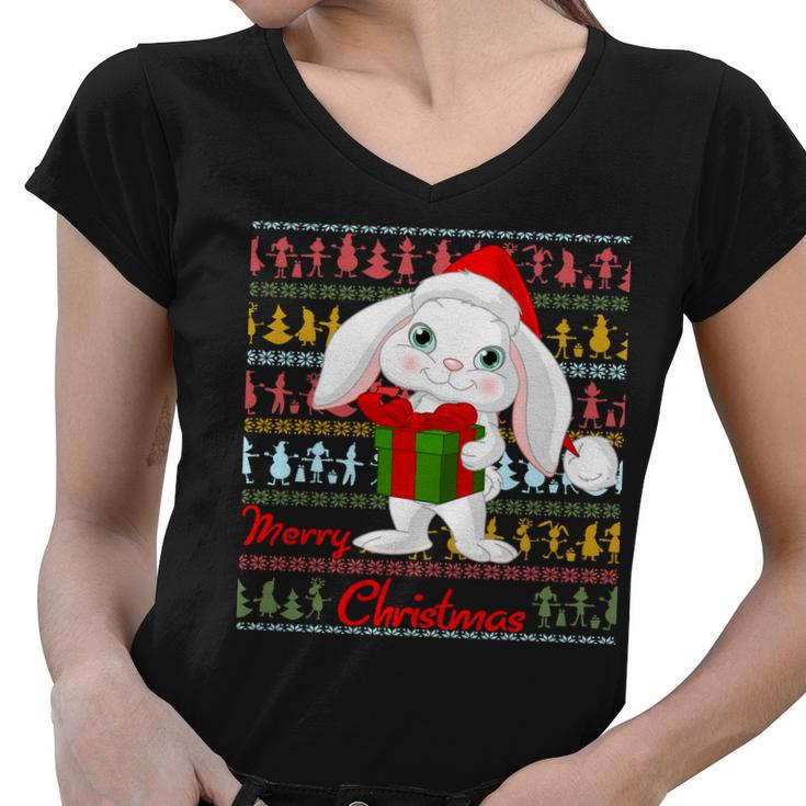 Cute Rabbit Ugly Christmas Sweater Women V-Neck T-Shirt