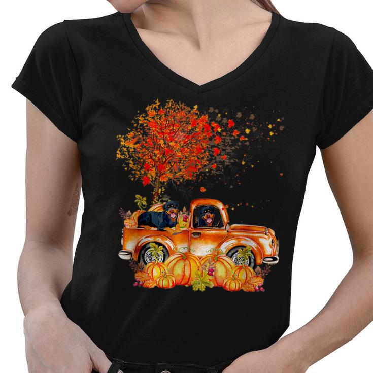 Cute Rottweiler Dog On Pumpkins Truck Autumn Leaf Fall  Women V-Neck T-Shirt