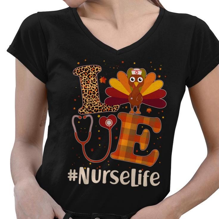 Cute Thanksgiving Nurselife Fall Patterns Nurse Turkey Tshirt Women V-Neck T-Shirt