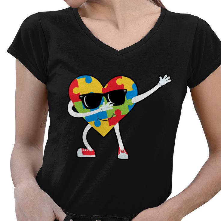 Dabbing Autism Awareness Puzzle Piece Heart Tshirt Women V-Neck T-Shirt