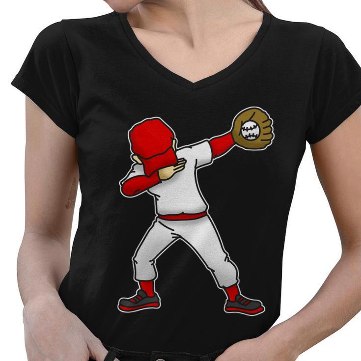 Dabbing Baseball Player Women V-Neck T-Shirt