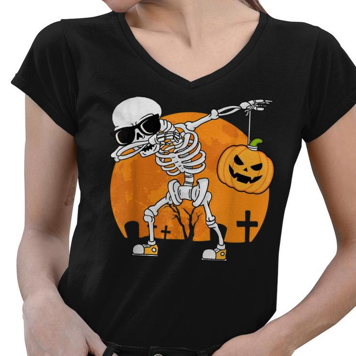 Dabbing Skeleton Funny Halloween Pumpkin Skeleton  Women V-Neck T-Shirt
