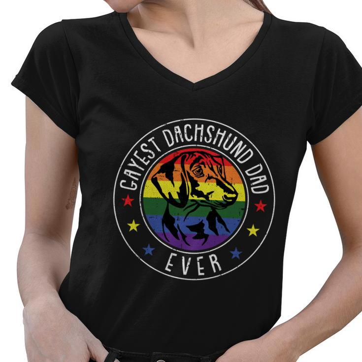 Dachshund Dad Lgbtgreat Giftq Gay Pride Flag Doxie Dog Lover Ally Great Gift Women V-Neck T-Shirt