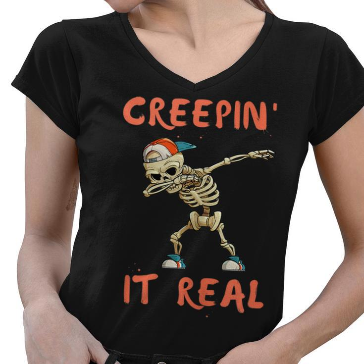 Dancing Skeleton And Dab Press For Halloween  Women V-Neck T-Shirt