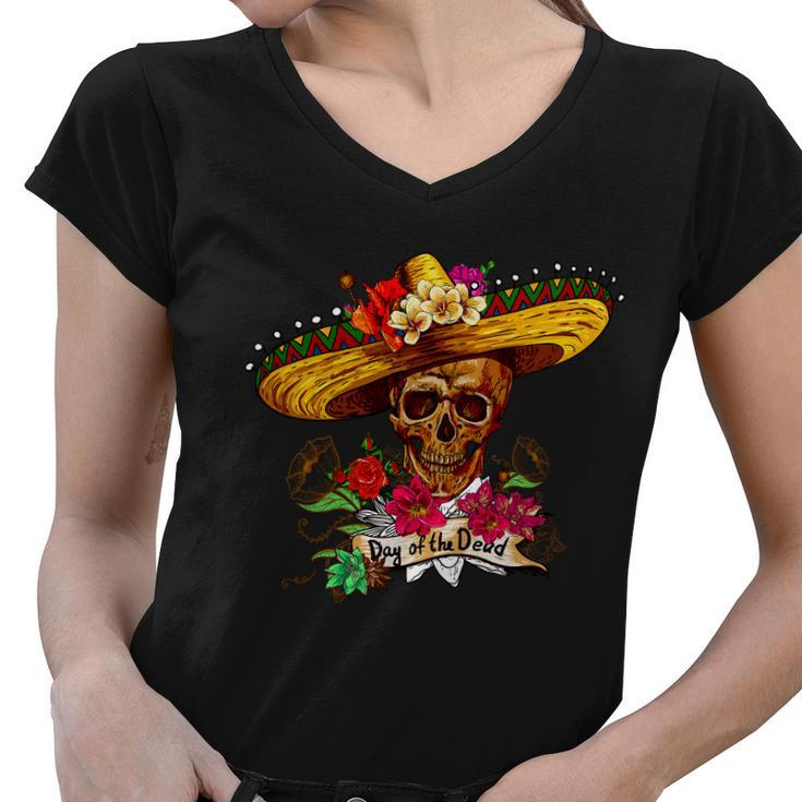 Day Of The Dead Sugar Skull Sombrero Tshirt Women V-Neck T-Shirt