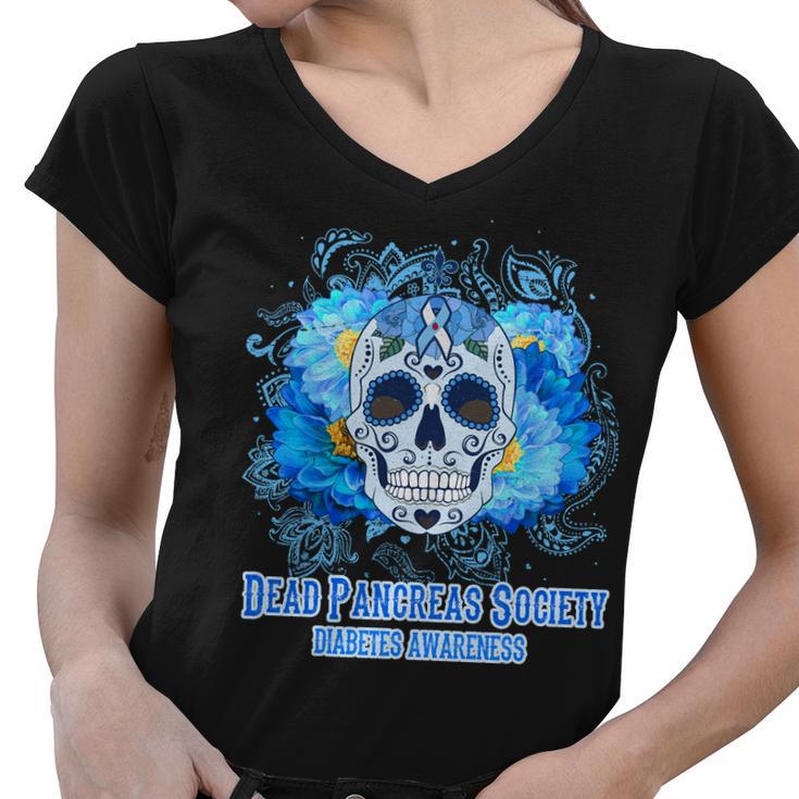 Dead Pancreas Society Diabetes Awareness Sugar Skull Women V-Neck T-Shirt