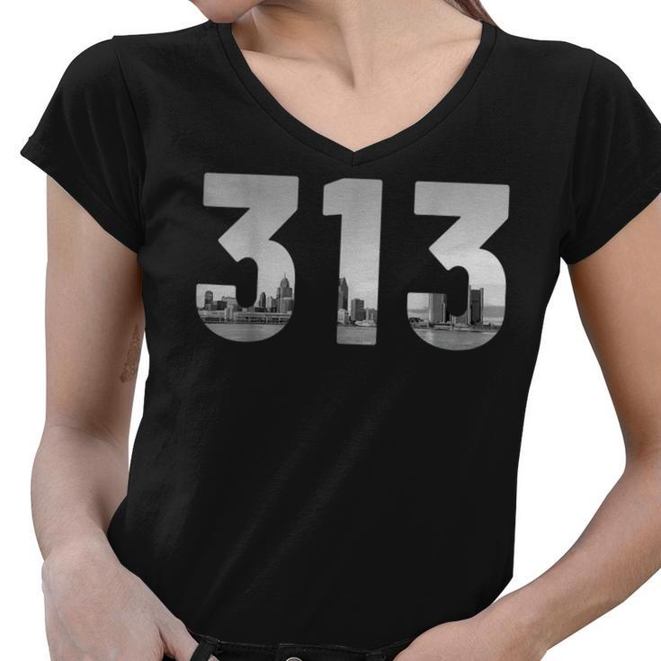 Detroit 313 Area Code Skyline Michigan Vintage  V2 Women V-Neck T-Shirt