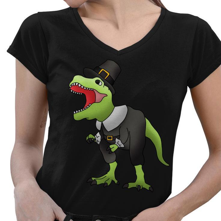 Dinosaur Thanksgiving Pilgrim Tshirt Women V-Neck T-Shirt