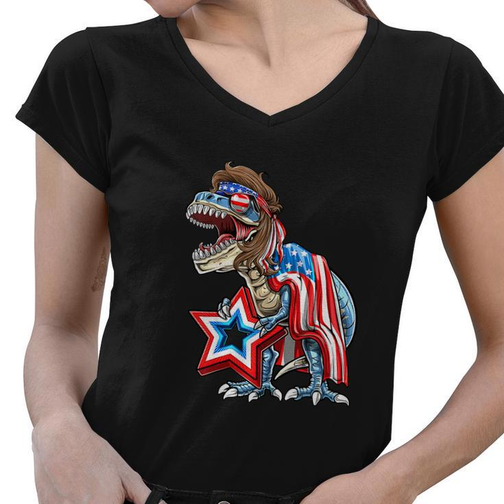 Dinosaur Trex Mullet Funny 4Th Of July Usa American Flag Women V-Neck T-Shirt