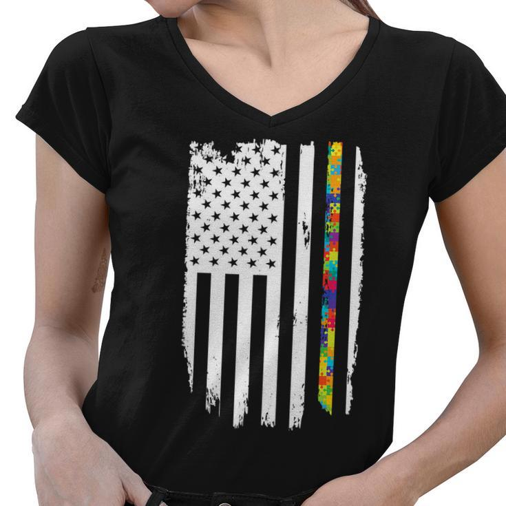 Distress Thin Puzzle Line Autism Awareness Tribute Flag Tshirt Women V-Neck T-Shirt