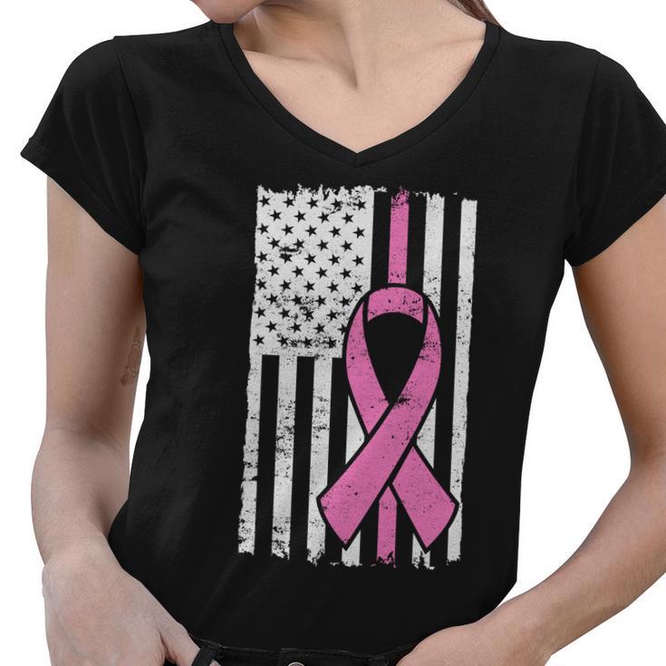 Distressed Breast Cancer Ribbon Flag Tshirt Women V-Neck T-Shirt