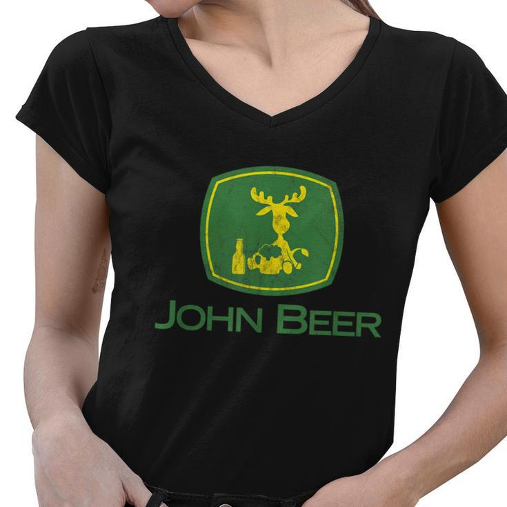 Distressed S Funny Tractor John Beer Deer Farmer Tshirt Women V-Neck T-Shirt