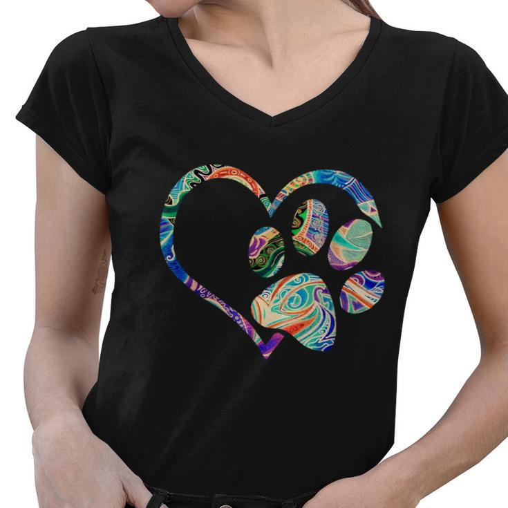 Dog Paw Print Tie Dye Rainbow Dog Lover Rescue Retro S Women V-Neck T-Shirt