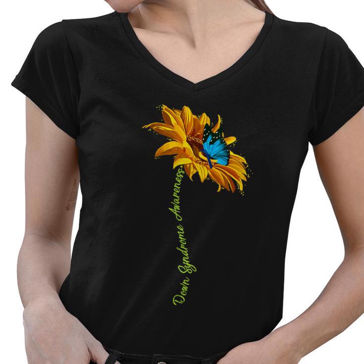 Down Syndrome Awareness Butterfly Sunflower Tshirt Women V-Neck T-Shirt