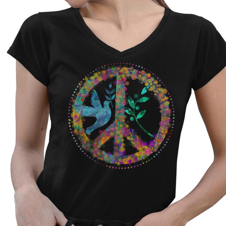 Earth Watercolor Peace Sign Women V-Neck T-Shirt