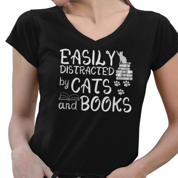 Easily Distracted By Cats And Books  Funny Book Lover Women V-Neck T-Shirt