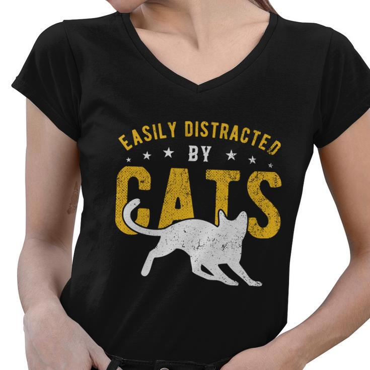 Easily Distracted By Cats Gift Women V-Neck T-Shirt