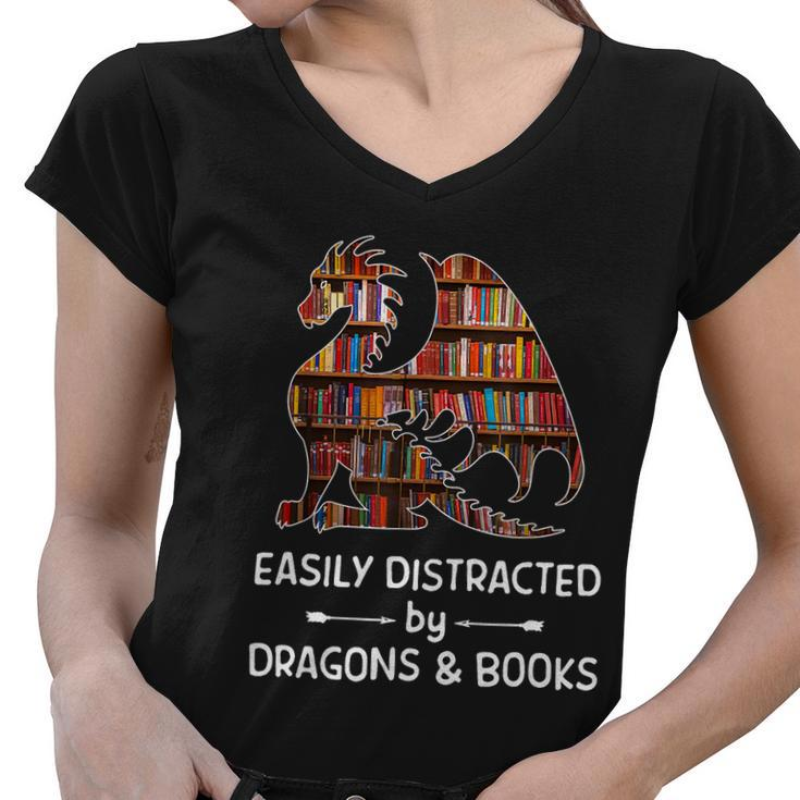 Easily Distracted By Dragon And Books Nerds Tshirt Women V-Neck T-Shirt