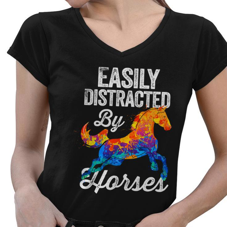 Easily Distracted By Horses Funny Gift For Horse Lovers Girls Gift Women V-Neck T-Shirt