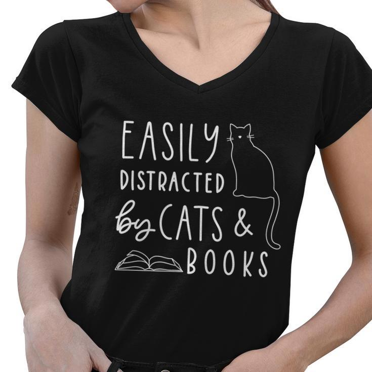 Easily Distracted Cats And Books Funny Gift For Cat Lovers Gift Women V-Neck T-Shirt