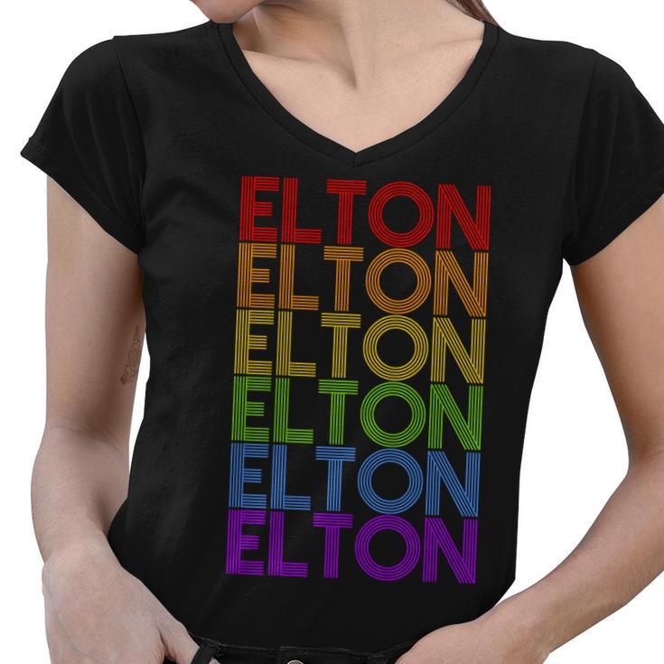 Elton Wordmark Pattern Retro Style Women V-Neck T-Shirt