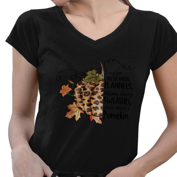 Every Your I Fall For Bonfires Flannels Autumn Leaves Women V-Neck T-Shirt