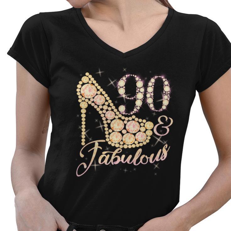 Fabulous & 90 Sparkly Heel 90Th Birthday Women V-Neck T-Shirt