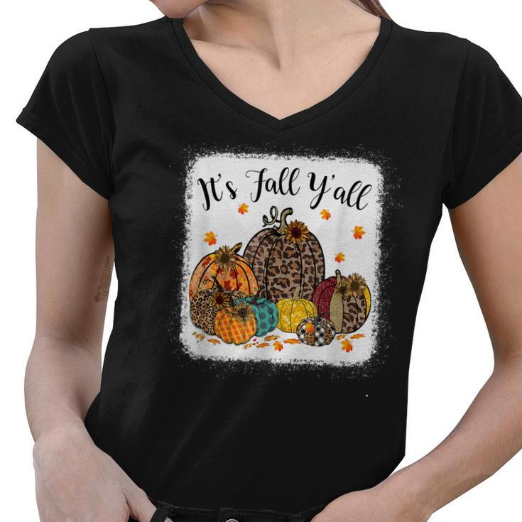 Fall Vibes Its Fall Yall Leopard Pumpkin Autumn Leaves  Women V-Neck T-Shirt