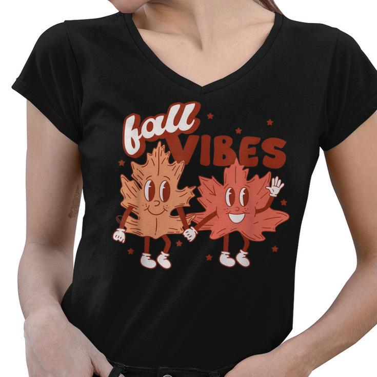 Fall Vibes Pumpkins Funny Leaves Autumn Vibes Red With Gold  Women V-Neck T-Shirt
