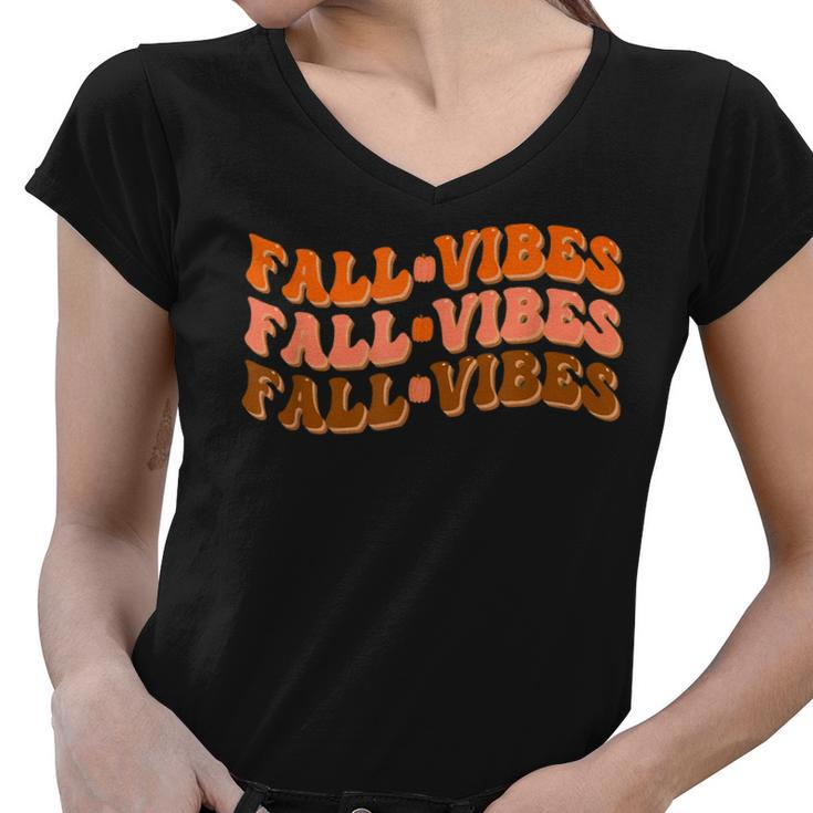 Fall Vibes Thanksgiving Retro Groovy  Women V-Neck T-Shirt