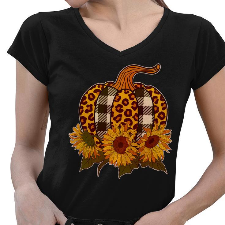 Fashion Autumn Leopard Buffalo Plaid Pumpkin Graphic Design Printed Casual Daily Basic Women V-Neck T-Shirt