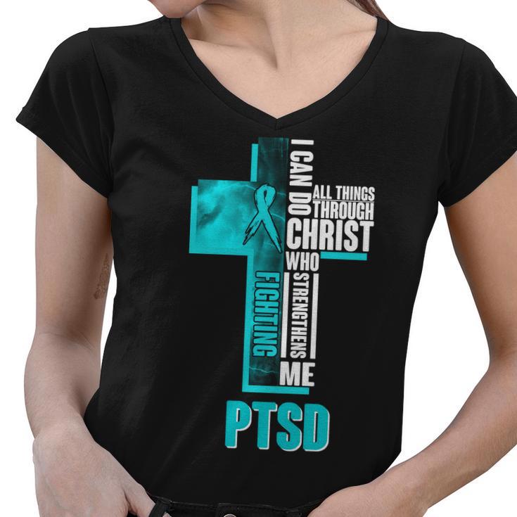 Fighting Ptsd Awareness Cross Women V-Neck T-Shirt