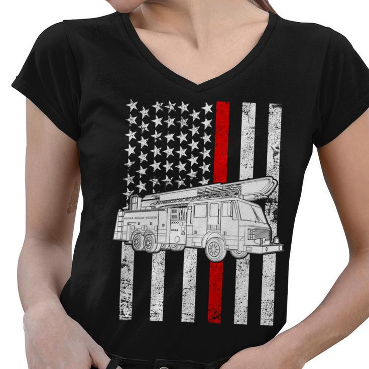 Fire Truck American Firefighter Thin Red Line Flag Tshirt Women V-Neck T-Shirt