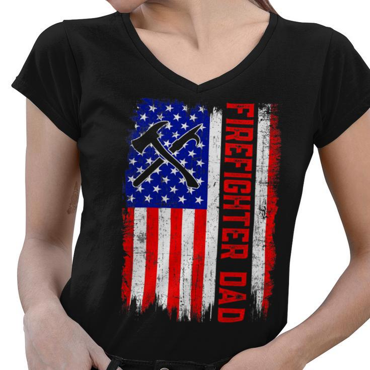 Firefighter Retro American Flag Firefighter Dad Jobs Fathers Day Women V-Neck T-Shirt