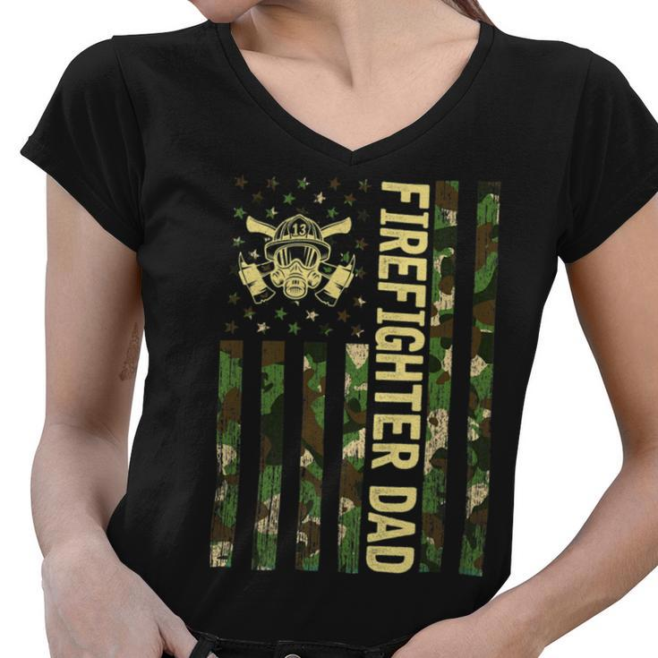 Firefighter Retro Camouflage Usa Flag Firefighter Dad Fathers Day V2 Women V-Neck T-Shirt