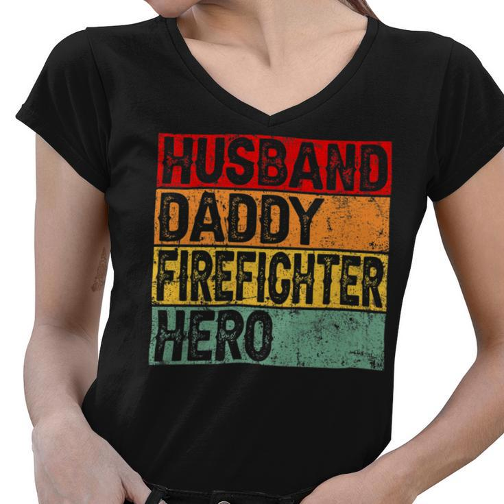 Firefighter Retro Vintage Husband Daddy Firefighter Fathers Day Dad Women V-Neck T-Shirt