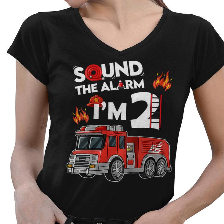 Firefighter Sound The Alarm Im 2 Little Firefighter 2Nd Birthday Women V-Neck T-Shirt